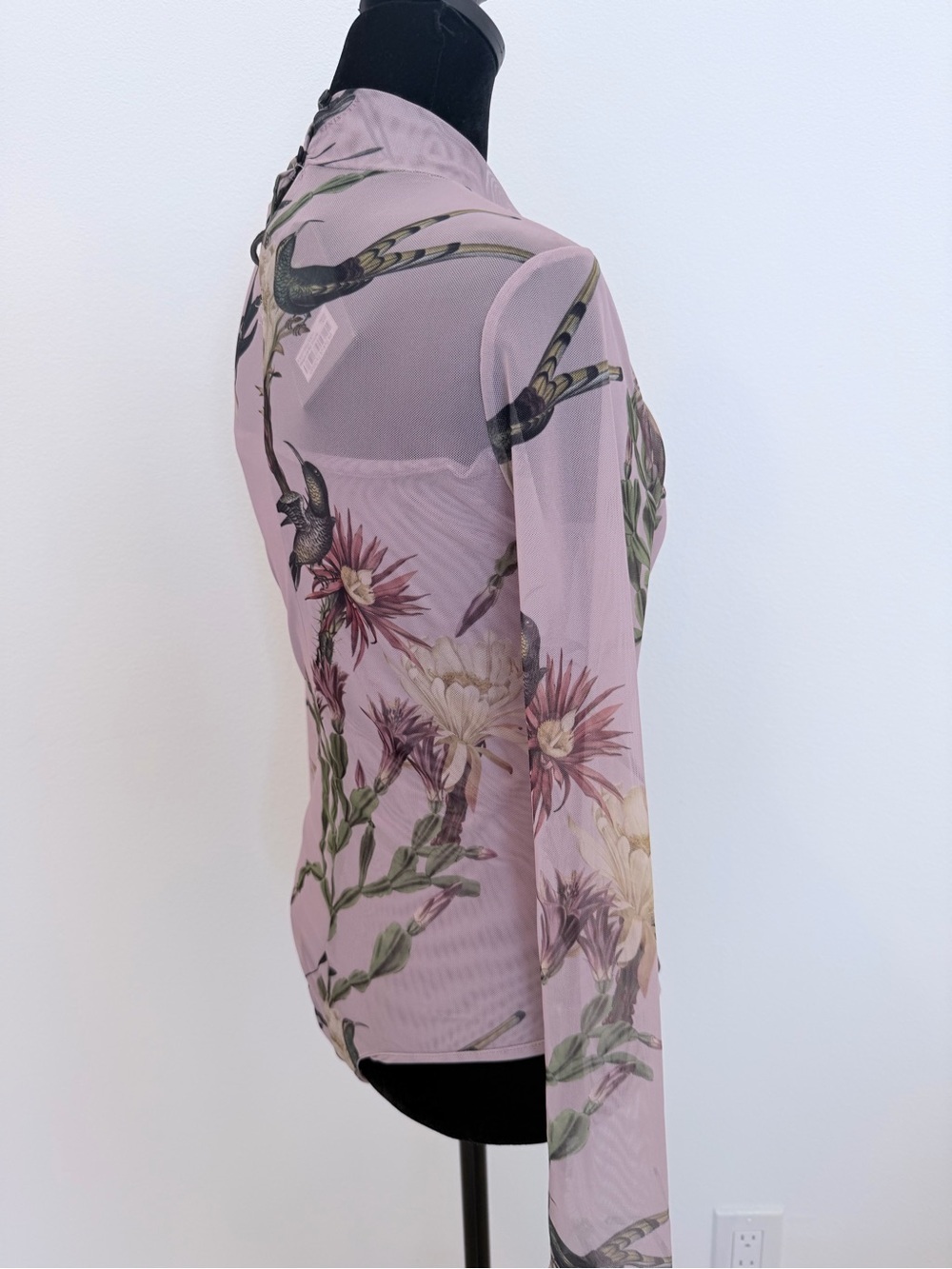 AllSaints Pink Sheer Floral & Bird Mock Neck Long Sleeve Bodysuit - Picture 9 of 14